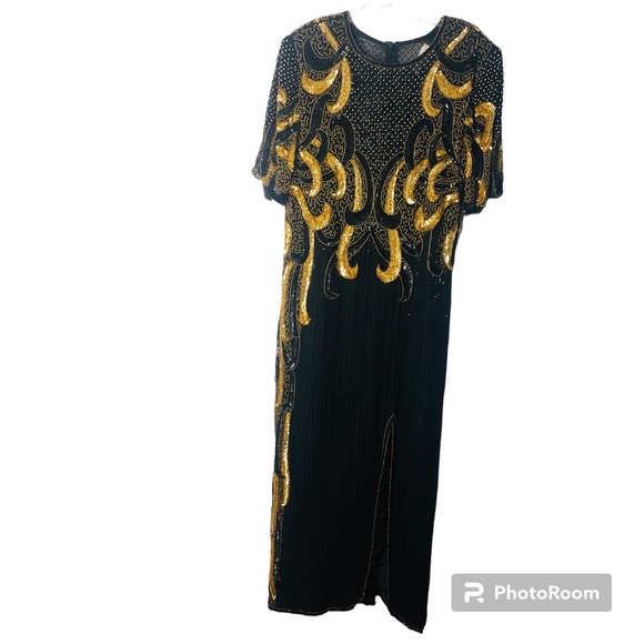 Vintage Riva Designs beaded and sequins black and gold dress SZ 1X. I-6 - Picture 4 of 13